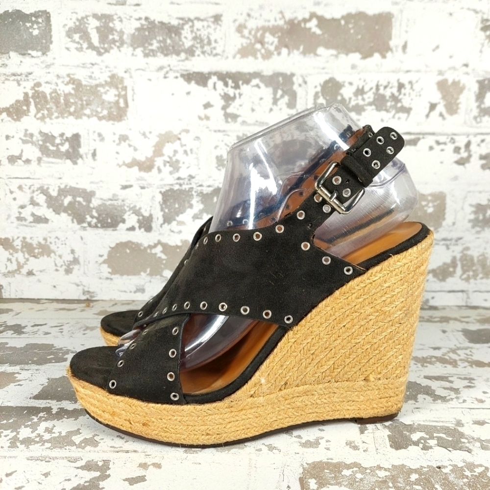 Report Women's Black Platfom Cross Strap Esapdrille Mules Shoes V291
